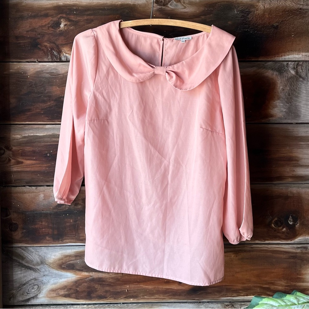 Pale pink mauve blush blouse with bow collar by Mesh and Lace L large